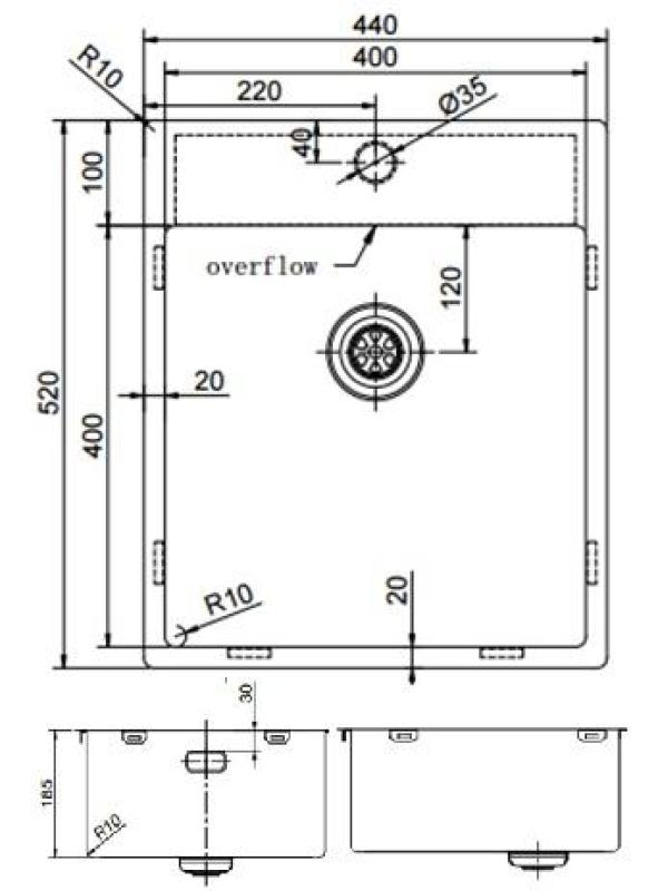 Pure.Sink Exclusivo Gun Metal мивка 44x52 см Tapwing с отвор за смесител 10mm радиус PEX4040T-61