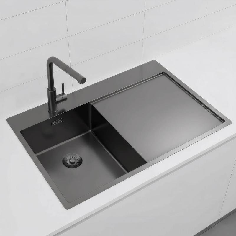 Pure.Sink Exclusivo Gun Metal малко мивко със сушилник 78x52 см Tapwing вляво PEX3478LT-61