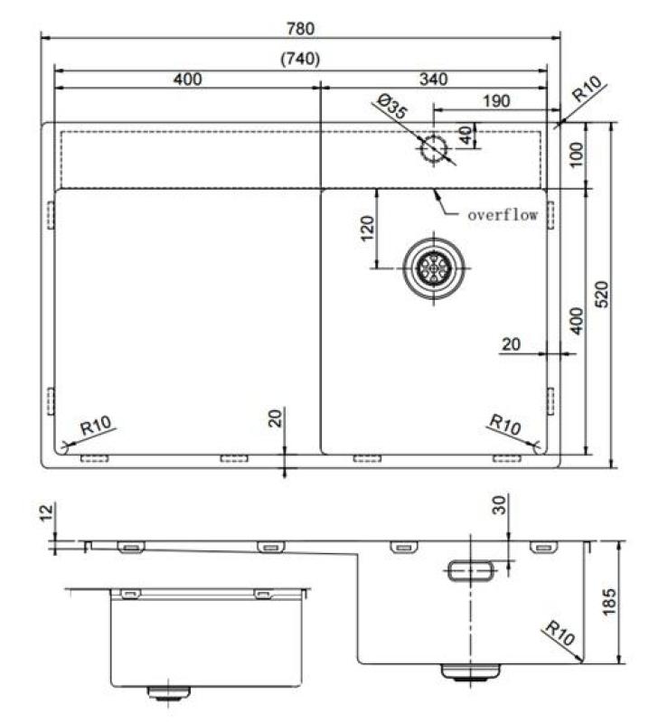 Pure.Sink Exclusivo Gun Metal малко мивка със секция за оттичане 78x52 см Tapwing в дясно PEX3478RT-61
