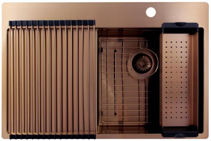 Pure.Sink Exclusivo Медено мивко със секция за отцеждане 78x52 см Tapwing вдясно PEX4078RT-62