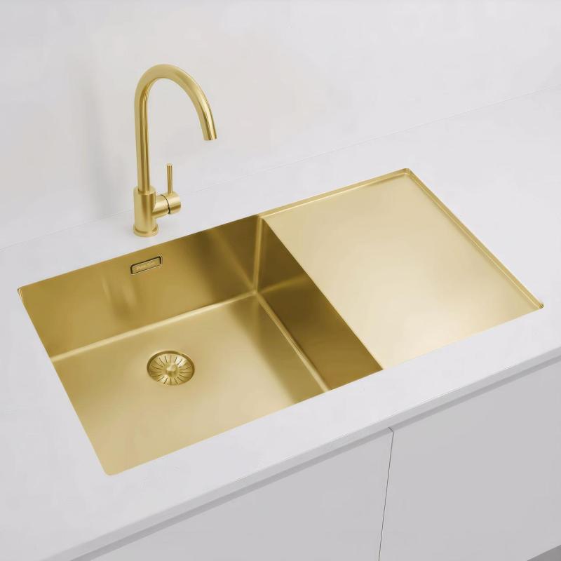 Pure.Sink Exclusivo Златна мивка с отцеждащ се участък 86x52 cm Кранче отляво PEX5086LT-60