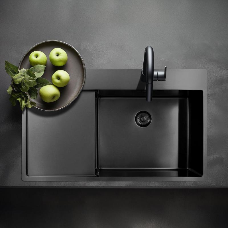 Pure.Sink Exclusivo Gun Metal мивка със секция за оттичане 86x52 cm Tapwing вдясно PEX5086RT-61