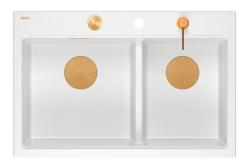 Квадратен Хард Рок двоен бял гранитен монтажен мивка 76 x 50 см с меден щепсел и аксесоари 1208971357