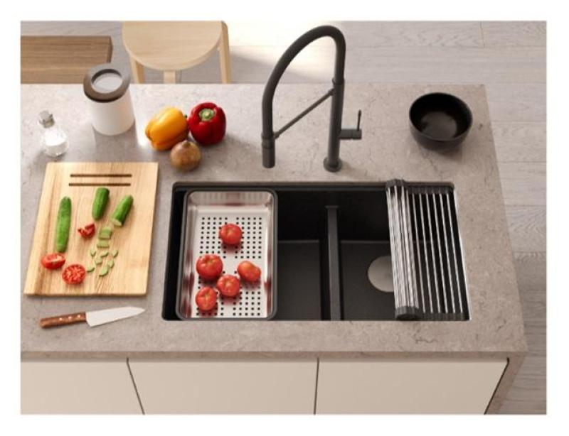 Quadri Newport II Двоен белият гранитен мивка 702 x 390 мм с меден щепсел 1208971373