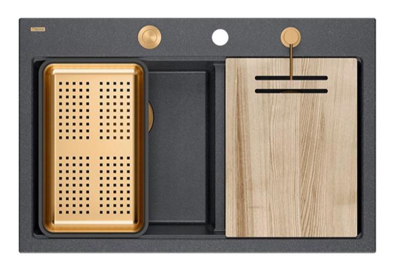 Квадри Хард Рок Двойно Антрацит Гранитно Вградено Мивко 76x50 см с Меден щепсел и аксесоари 1208971388