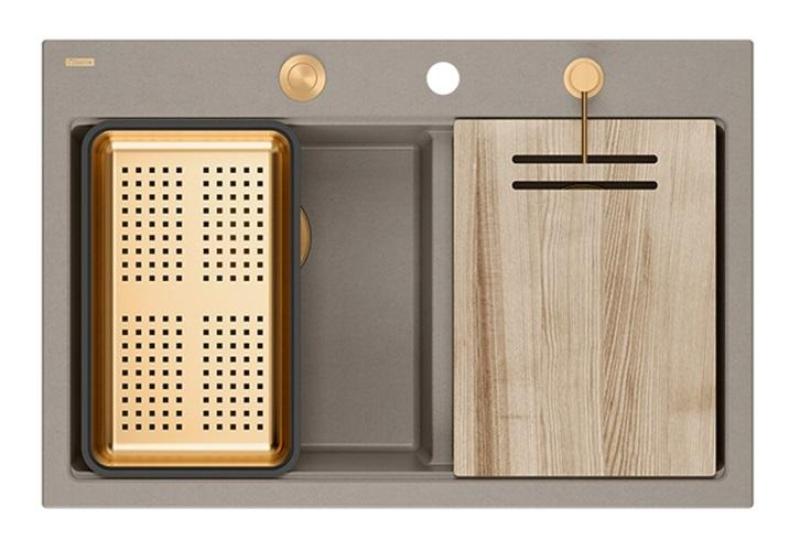 Quadri Hard Rock Двойно Taupe Гранитно възложен мивка 76x50 см с меден щепсел и аксесоари 1208971391