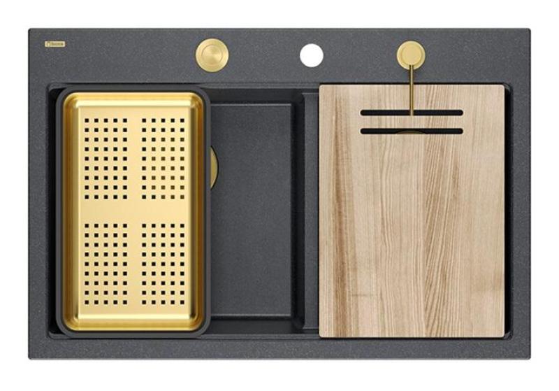 Квадри Хард Рок Двойно Антрацит Гранитно Вградено Мивко 76x50 см със Златен щепсел и аксесоари 1208971393