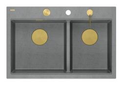 Квадри Хард Рок Двойна сива гранитна мивка за повърхностен монтаж 76x50 см със златен щепсел и аксесоари 1208971394