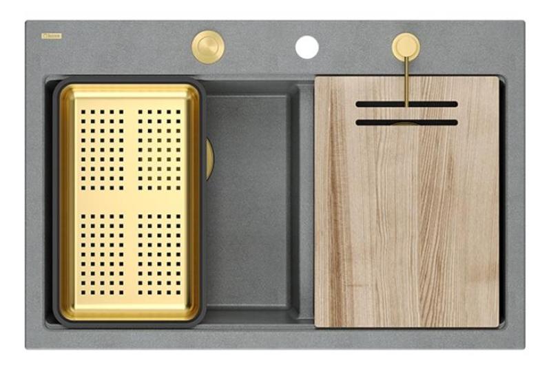 Квадри Хард Рок Двойна сива гранитна мивка за повърхностен монтаж 76x50 см със златен щепсел и аксесоари 1208971394