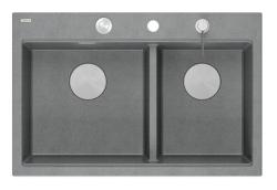 Квадратен Хард Рок двоен сив гранитен монтиран мивка 76x50 см с неръждаема стомана тапа и аксесоари 1208971400