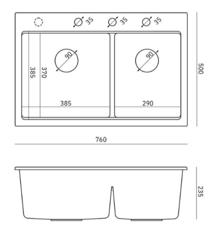 Квадратен Хард Рок двоен сив гранитен монтиран мивка 76x50 см с неръждаема стомана тапа и аксесоари 1208971400