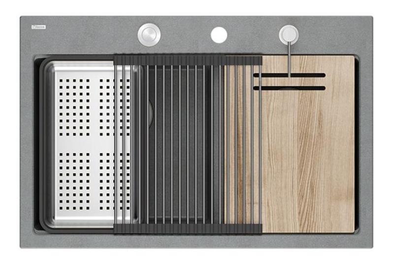 Квадратен Хард Рок двоен сив гранитен монтиран мивка 76x50 см с неръждаема стомана тапа и аксесоари 1208971400