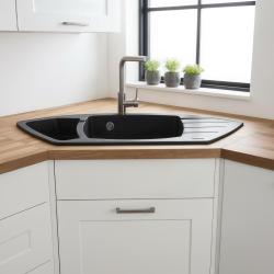 Graniteland Монте Гранитен черен ъглов мивка за монтаж 901x538 мм със неръждаема стомана плъг 1208971413