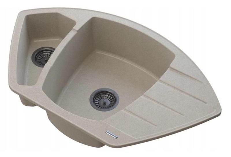 Graniteland Monte Гранитен бежов ъглов мивка за монтаж 901x538mm със стоманена пробка 1208971414