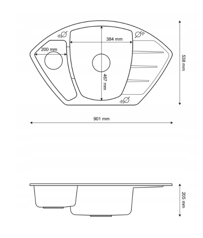Гранителанд Монте Гранитна бяла ъглова мивка за вграждане 901x538mm със стоманен щепсел 1208971415