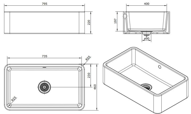 Ausmann Ceramic Mira Керамична Бяла Мивка - За Подмонтаж и Междинен Монтаж 795 x 460 мм със Златен Стопер 1208971466