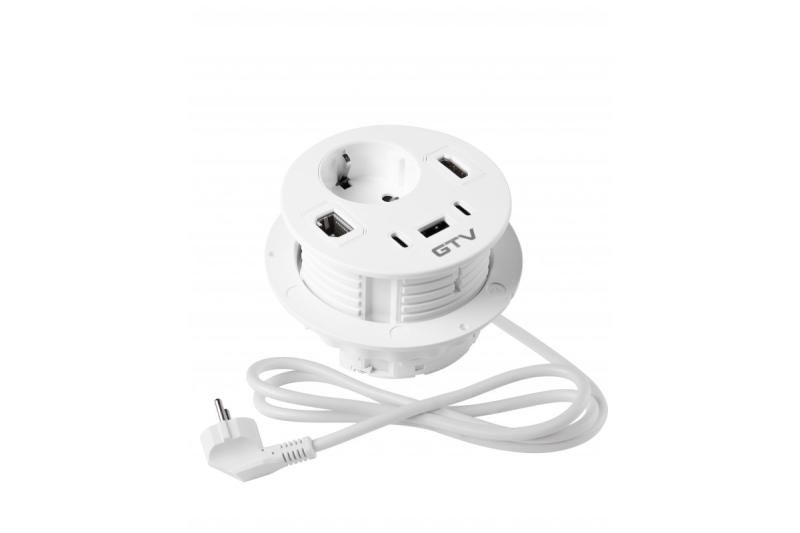 Контакт за мебели RONDO, 1xSHUKO, 1xUSB-A, 2xUSB-C, HDMI, RJ45 кабел 1.5 м, бял