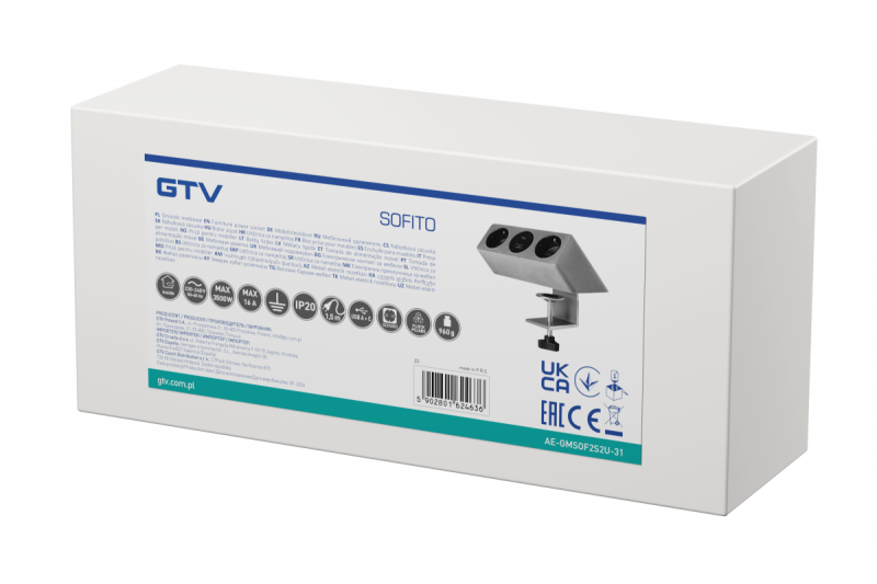 Мебелен контакт SOFITO, 2xШУКО, USB A+C, кабел 1.5 м, сив флок