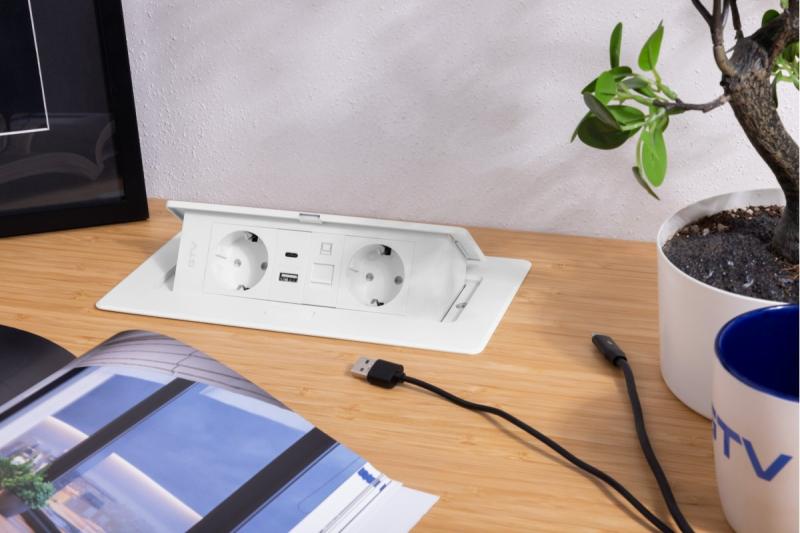 Електрически контакт за мебели MULTISOFT, 2xSHUKO, USB A+C, RJ45, кабел 1.5 м, бял