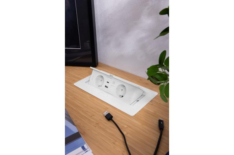 Електрически контакт за мебели MULTISOFT, 2xSHUKO, USB A+C, RJ45, кабел 1.5 м, бял