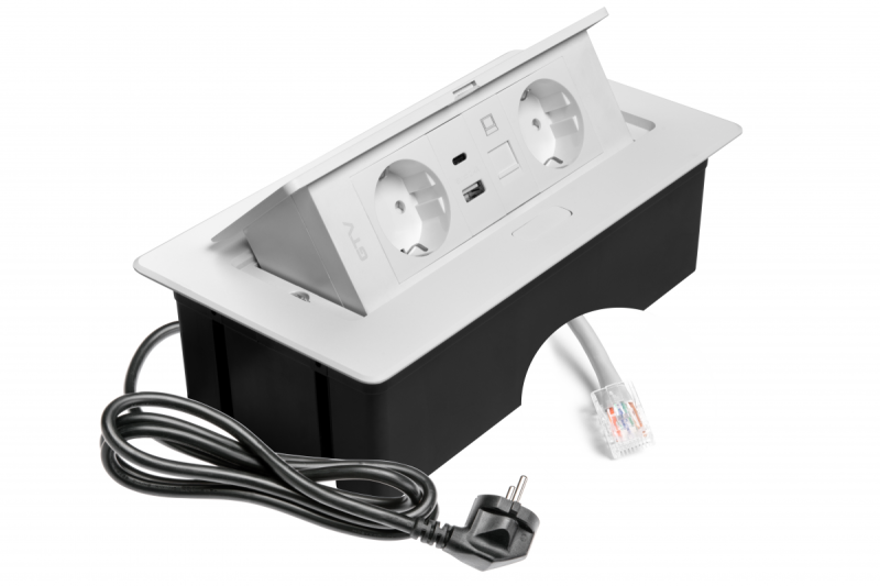 Електрически контакт за мебели MULTISOFT, 2xSHUKO, USB A+C, RJ45, кабел 1.5 м, бял