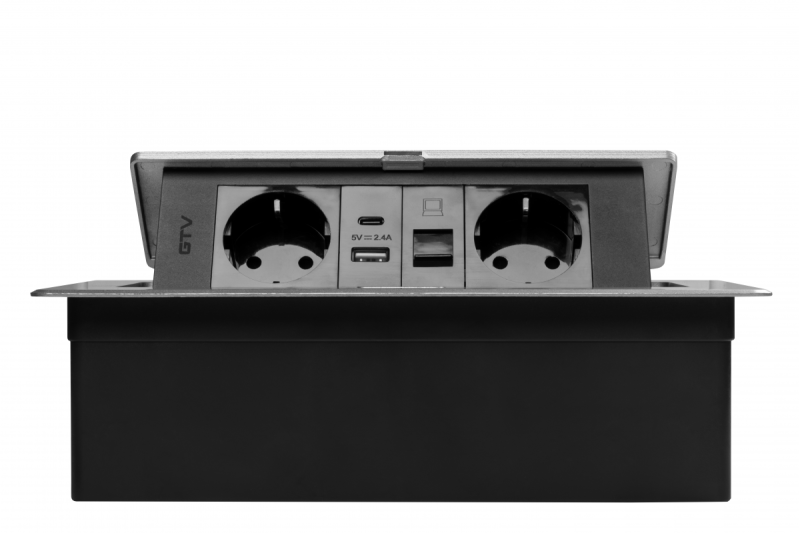 Мебелен контакт MULTISOFT, 2xSHUKO, USB A+C, RJ45, кабел 1.5 м, алуминий