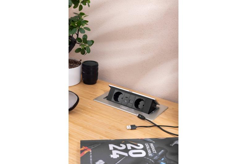 Мебелен контакт MULTISOFT, 2xSHUKO, USB A+C, RJ45, кабел 1.5 м, алуминий