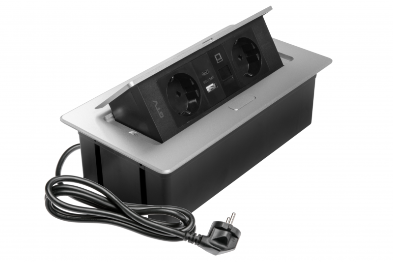 Мебелен контакт MULTISOFT, 2xSHUKO, USB A+C, RJ45, кабел 1.5 м, алуминий