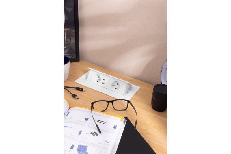 MULTISOFT мебелен контакт 2x контакт с заземяване, USB A+C, RJ45, захранващ кабел с щепсел, бял