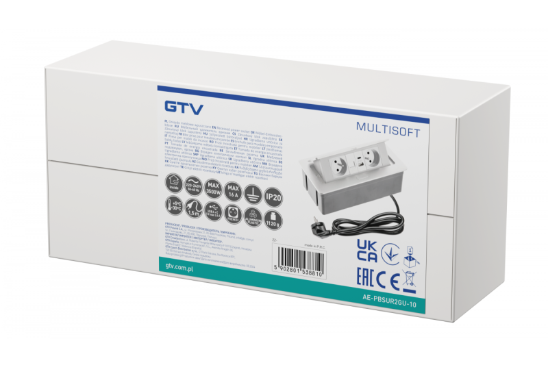 MULTISOFT мебелен контакт 2x контакт с заземяване, USB A+C, RJ45, захранващ кабел с щепсел, бял