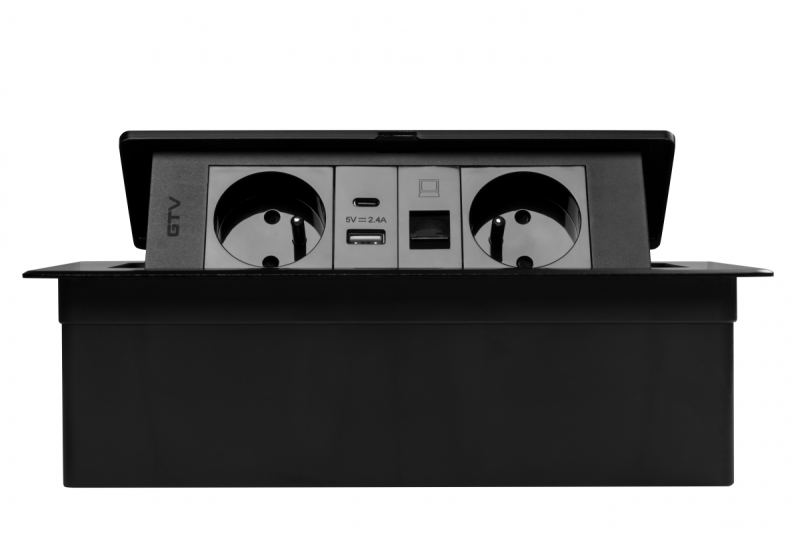 MULTISOFT Контакт за мебели 2x контакт с заземяване, USB A+C, RJ45, захранващ кабел с щепсел, черен