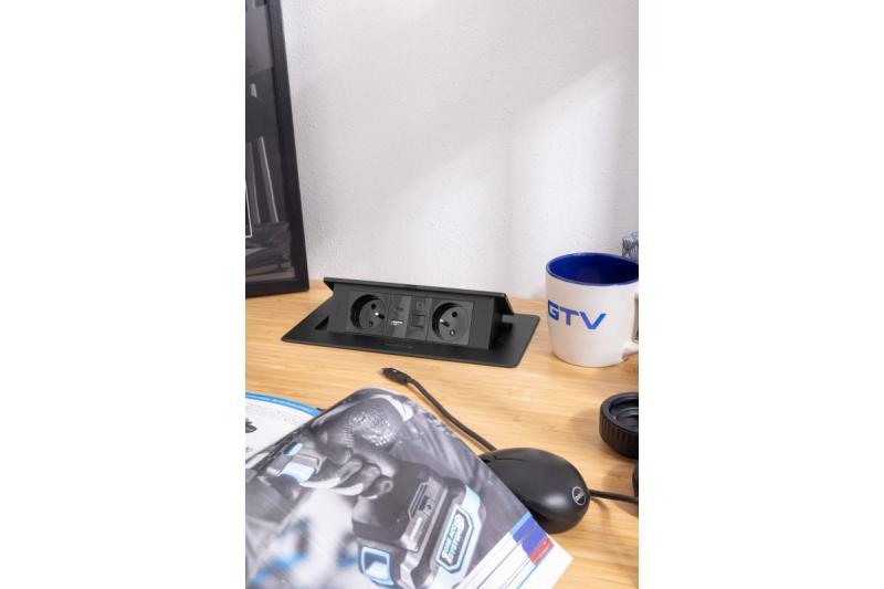 MULTISOFT Контакт за мебели 2x контакт с заземяване, USB A+C, RJ45, захранващ кабел с щепсел, черен