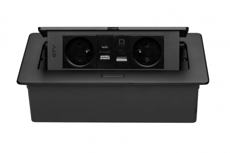 MULTISOFT Контакт за мебели 2x контакт с заземяване, USB A+C, RJ45, захранващ кабел с щепсел, черен