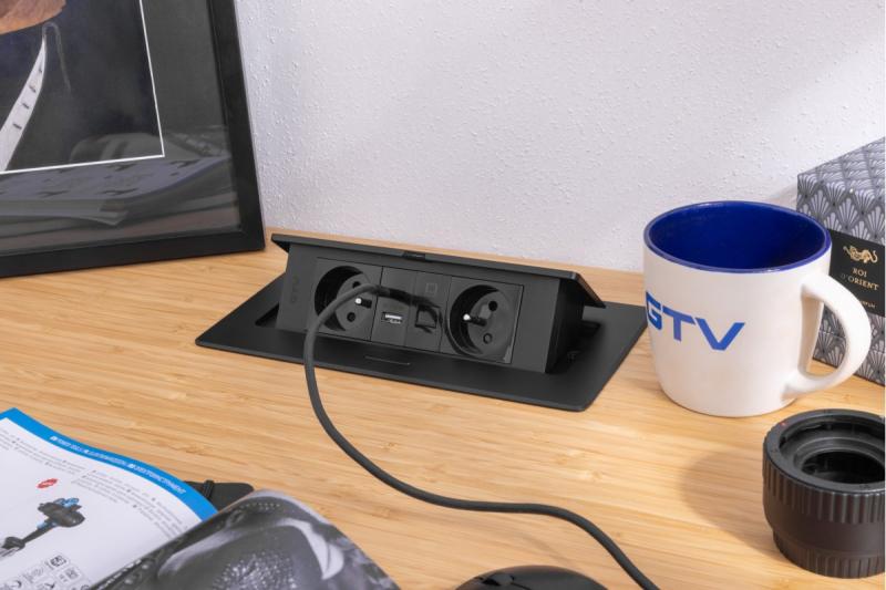 MULTISOFT Контакт за мебели 2x контакт с заземяване, USB A+C, RJ45, захранващ кабел с щепсел, черен