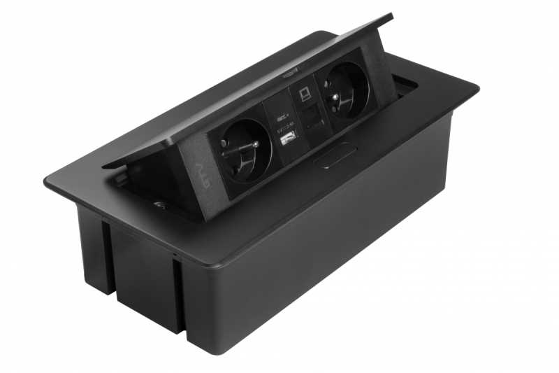 MULTISOFT Контакт за мебели 2x контакт с заземяване, USB A+C, RJ45, захранващ кабел с щепсел, черен