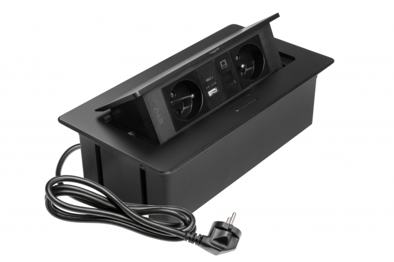 MULTISOFT Контакт за мебели 2x контакт с заземяване, USB A+C, RJ45, захранващ кабел с щепсел, черен