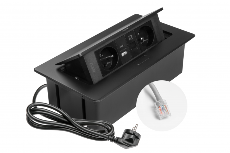 MULTISOFT Контакт за мебели 2x контакт с заземяване, USB A+C, RJ45, захранващ кабел с щепсел, черен