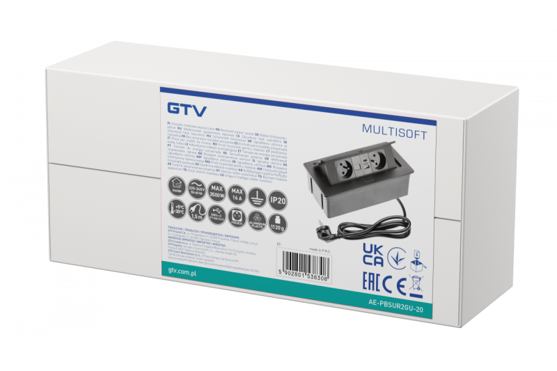 MULTISOFT Контакт за мебели 2x контакт с заземяване, USB A+C, RJ45, захранващ кабел с щепсел, черен