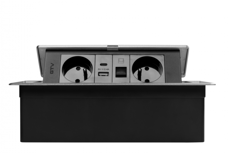 MULTISOFT Контакт за мебели 2x гнездо със заземяване, USB A+C, RJ45, захранващ кабел с щепсел, алуминий