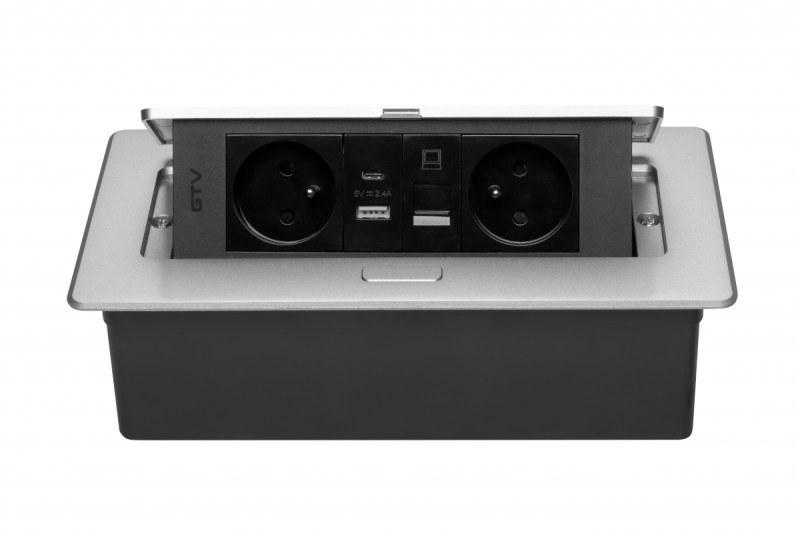 MULTISOFT Контакт за мебели 2x гнездо със заземяване, USB A+C, RJ45, захранващ кабел с щепсел, алуминий