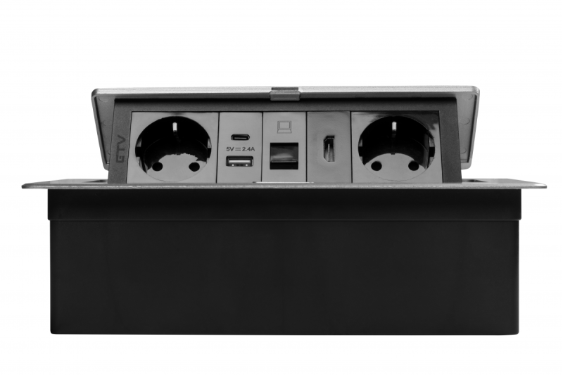 Мебелен контакт MULTISOFT, 2xШУКО, USB A+C, RJ45, HDMI кабел 1.5 м, алуминий