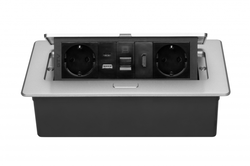 Мебелен контакт MULTISOFT, 2xШУКО, USB A+C, RJ45, HDMI кабел 1.5 м, алуминий