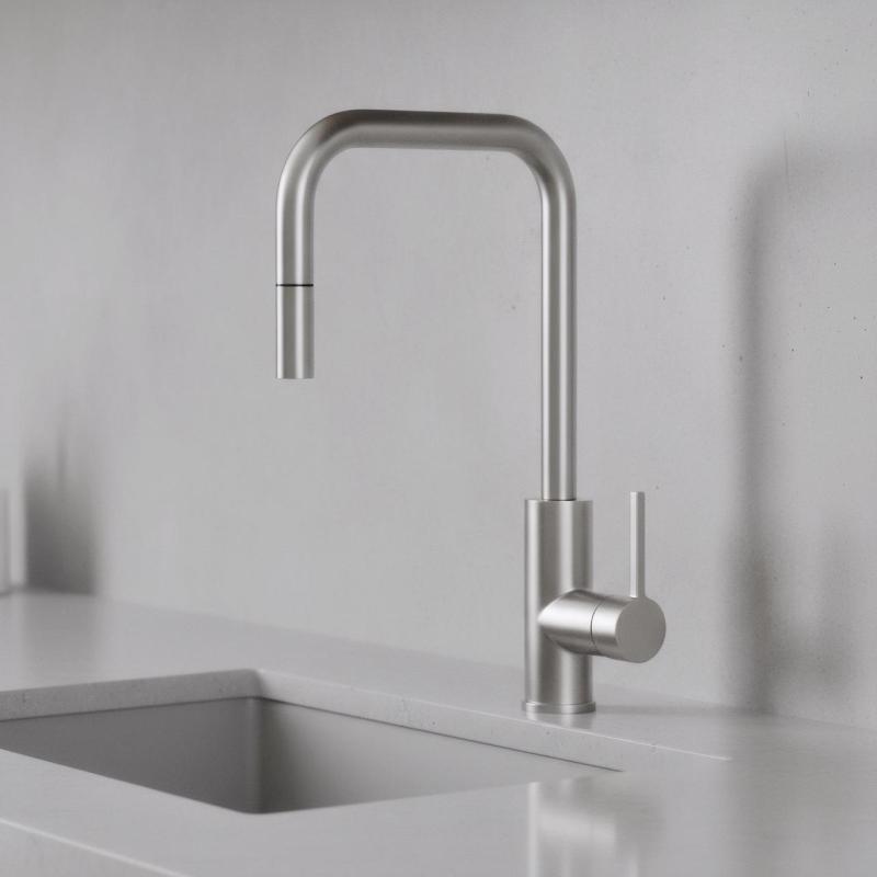 Pure.Sink Luxion масивен кухненски кран от неръждаема стомана, квадратен, с изтеглящ се излив PLXSQUA-02