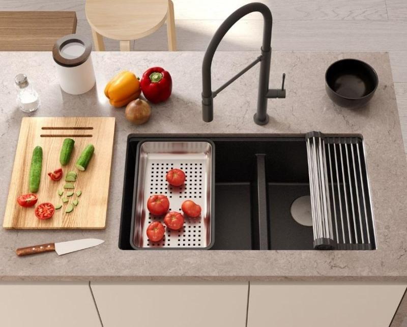 Quadri Newport II Двоен Бежов Гранитен Монтажен Мивка 76x45 см с RVS щепсел 1208971754