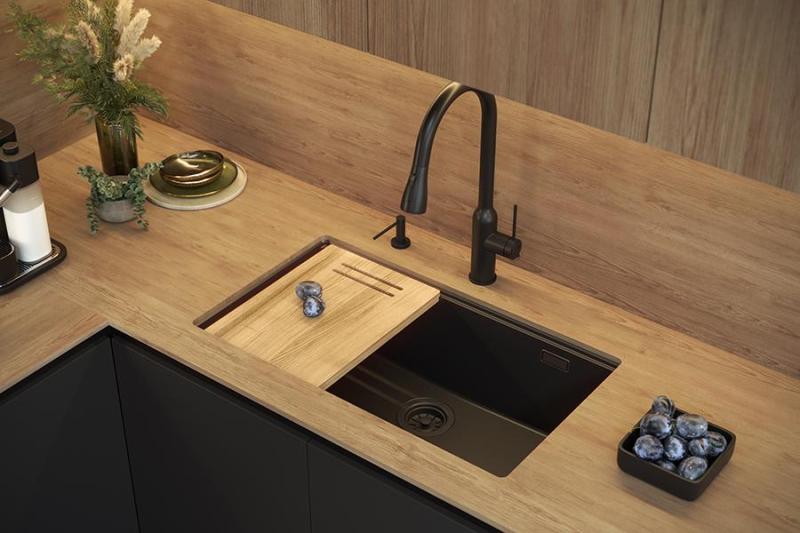 Quadri Newport II голяма и дълбока мивка от гранит за монтаж отгоре и отдолу в бежов цвят, с размери 76x45cm и златен щепсел 1208971759