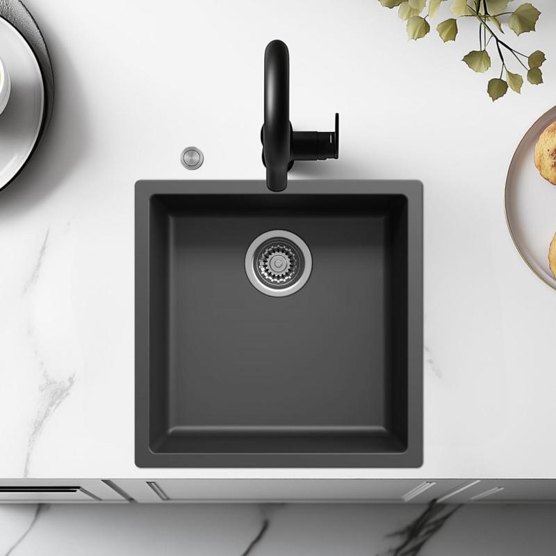 Ausmann Fiber черен мивка 40x40cm за монтаж под, над или в равнина с автоматичен неръждаем щепсел 1208971836
