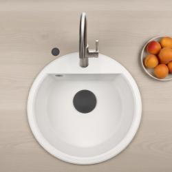 GraniteMy Bremen кръгла гранитна мивка 43 см бяла, за монтаж отгоре и отдолу, с отвор за чешма и автоматичен черен щепсел 1208971846