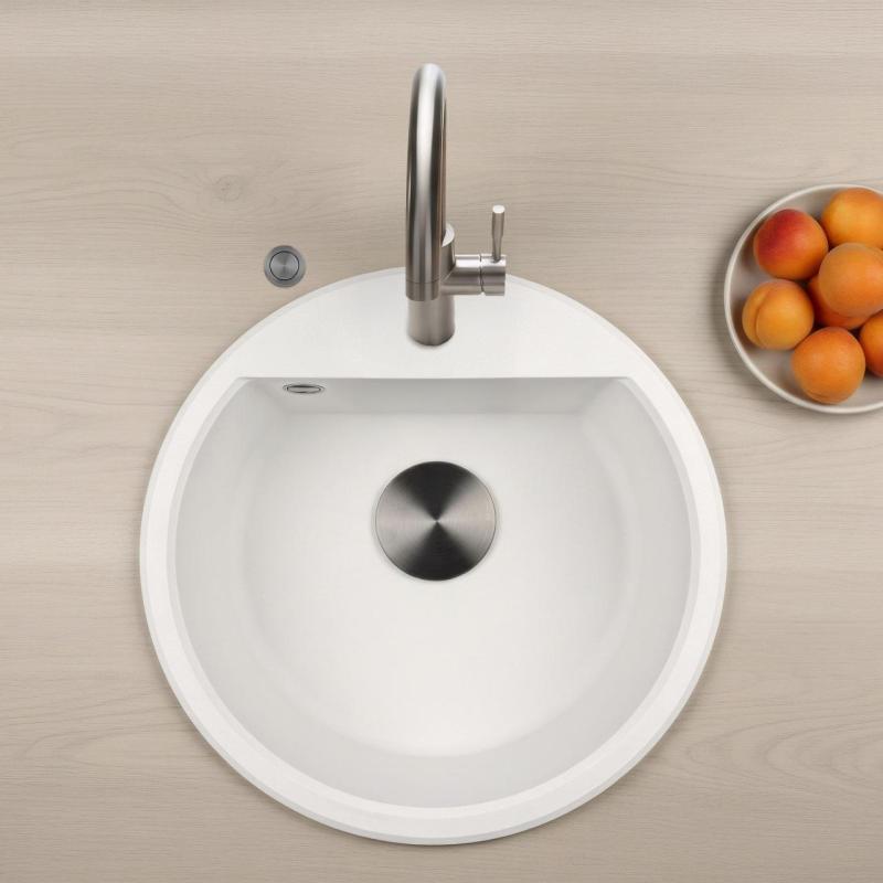 ГранитМy Бремен кръгла гранитна мивка 43 см бяла, за вграждане и подграждане, с отвор за смесител и автоматичен щепсел от пушечно метал 1208971849