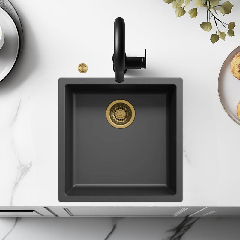 Ausmann Fiber черна мивка 40x40cm за вграждане, монтаж на повърхността и плоско вграждане с автоматичен златен щепсел 1208971853