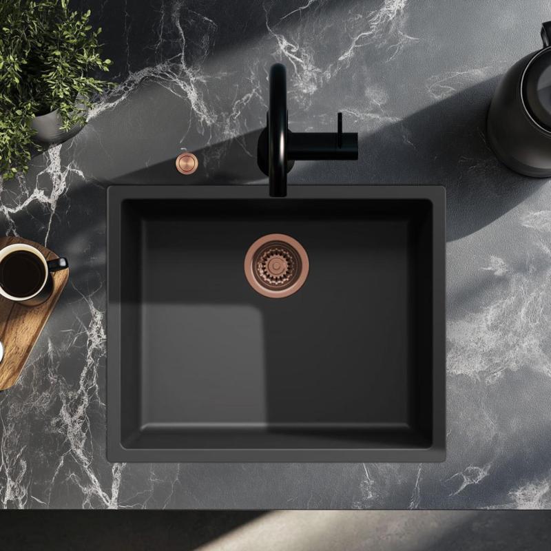 Ausmann Fiber черно мивка 50x40cm за вграждане, монтаж отгоре и плосък монтаж с автоматичен меден щепсел 1208971858